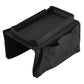 Practical sofa armrest organizer storing books, an iPad, and remote controls.