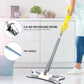 Adjustable flat mop effectively cleaning a high wall surface, showcasing its reach.