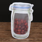 Organized pantry with the transparent mason jar zipper bags storing various food items.