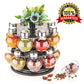 Top-down view of the rotating spice organizer, full of various Indian masalas.
