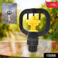 Rotating sprinkler nozzle effectively watering a lush green garden.