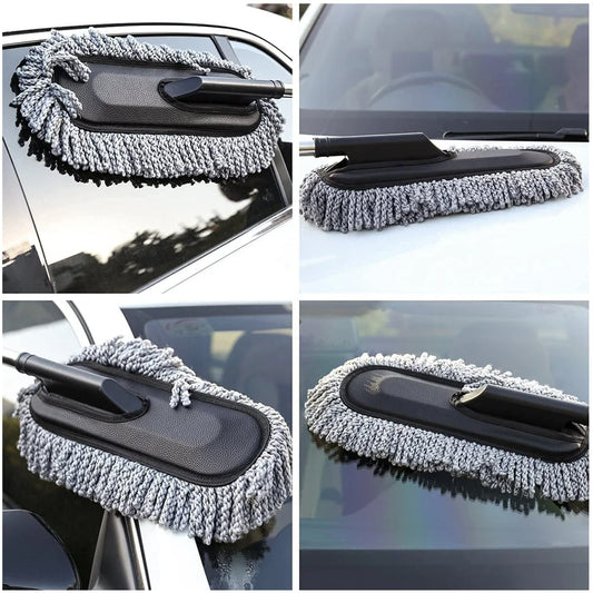 Close-up of soft microfiber bristles and ergonomic handle on the car duster.