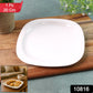 Stack of white plastic square dinner plates with smooth finish