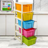 5-layer modular drawer organizer in a living room setting, showcasing ample storage.