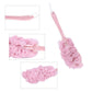 Dense nylon mesh shower brush with a sturdy long handle for deep cleansing.