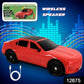 Side view of the portable Bluetooth speaker in a car design, highlighting its compact size.