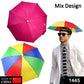 Person wearing a vibrant hands-free umbrella hat for outdoor activities.
