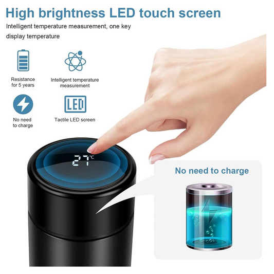 Close-up of LED temperature display on smart insulated water bottle