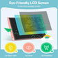 LCD writing tablet displaying colorful drawings and notes by children.