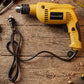 Top view of yellow corded electric drill machine