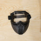 Close-up of rider wearing protective bike goggle mask during ride
