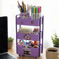Children's desk with mini storage trolley containing craft supplies.