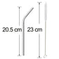 Four shiny bent metal straws and a cleaning brush laid out for inspection.