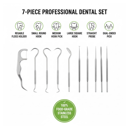 Detailed view of the reusable stainless steel floss pick, showcasing its design.