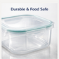 Microwave-safe kitchen container with lid, showing steam release.