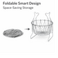 Foldable chef basket showcasing different configurations for washing, frying, and steaming.