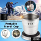 Compact stainless steel folding cup, highlighting its portability for outdoor activities.