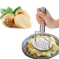 Close-up of the robust stainless steel masher, great for various boiled vegetables and dal.