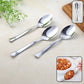 Set of three stainless steel everyday dining spoons on white background