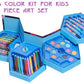 Top-down view of the open drawing kit for children, showing various art supplies.