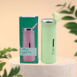 Light green glass water bottle 400ml with leakproof bamboo lid