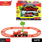Overhead view of the World Express toy train set with locomotive and tracks.