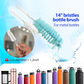 Ergonomic long handle bottle brush effectively cleaning the inside of a tall bottle.
