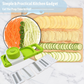 Various vegetables like carrots and potatoes being sliced and julienned by the multi-blade slicer.