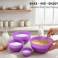Side view showing BPA-free plastic mixing and measuring bowls with handle