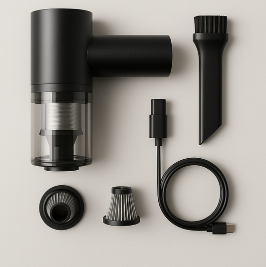 Compact wireless vacuum cleaning dust from a tight corner in a home setting.