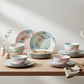 Stackable 32-piece plastic dinner set, optimizing kitchen storage.