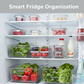 Multiple stackable refrigerator organizer bins neatly arranged side by side.