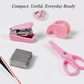 Top-down view of the mini office stationery set components arranged beside the clear bottle.