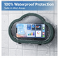 The shower phone stand with a smartphone inside, showcasing its secure, anti-fog screen.