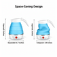 Diagram showing the compact size of the portable electric kettle.