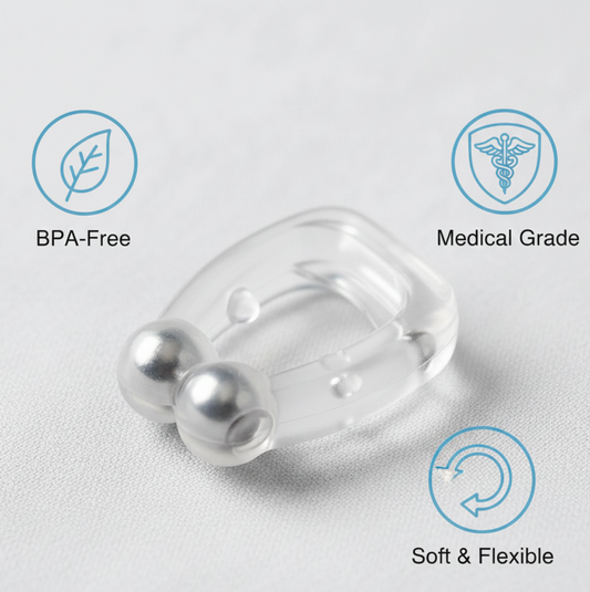 Side view of the reusable anti-snore nose clip, highlighting its ergonomic design.