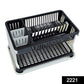 Multi-level kitchen dish rack organizing plates, cups, and cutlery.