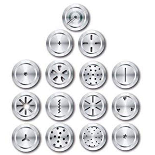 Close-up of the durable stainless steel kitchen press with various traditional snack jalis.