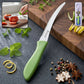 Steel kitchen knife with curved plastic handle for precise slicing