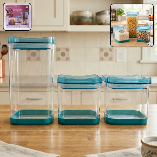 Clear plastic airtight containers filled with rice, pasta, and dry groceries