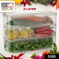 Stackable fridge storage containers holding fresh vegetables and fruits inside a refrigerator.