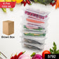A set of six stackable freezer storage containers with blue lids, ideal for fridge organization.