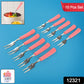 Pink-handled stainless steel mini fruit forks arranged on a platter