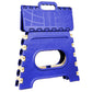 Compact 12 inch plastic step stool folded flat, highlighting its portability.