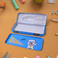 A child happily using the car shape metal pencil case at their study desk.