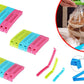 A hand demonstrating how to easily seal a snack bag with a plastic clip.
