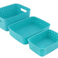 Neatly stacked sky blue storage baskets, ready to organize your pantry.
