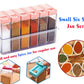 Detailed close-up of the multicolour plastic spice jars.