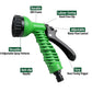 Adjustable plastic garden hose nozzle showing multiple spray patterns.