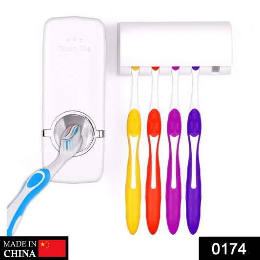 Wall-mounted toothbrush holder securely holding multiple toothbrushes next to the toothpaste dispenser.